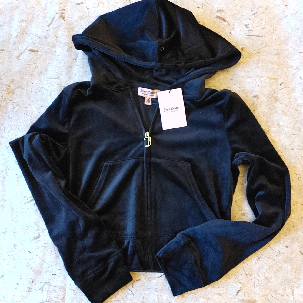 NWT Juicy Couture Black Zip-Up Hoodie Velour Y2K Rhinestone Small Retail $119